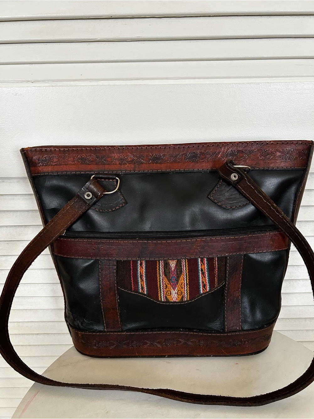 Vintage Handcrafted Bolivia Tooled Leather Aztec Shoulder Tote Bag